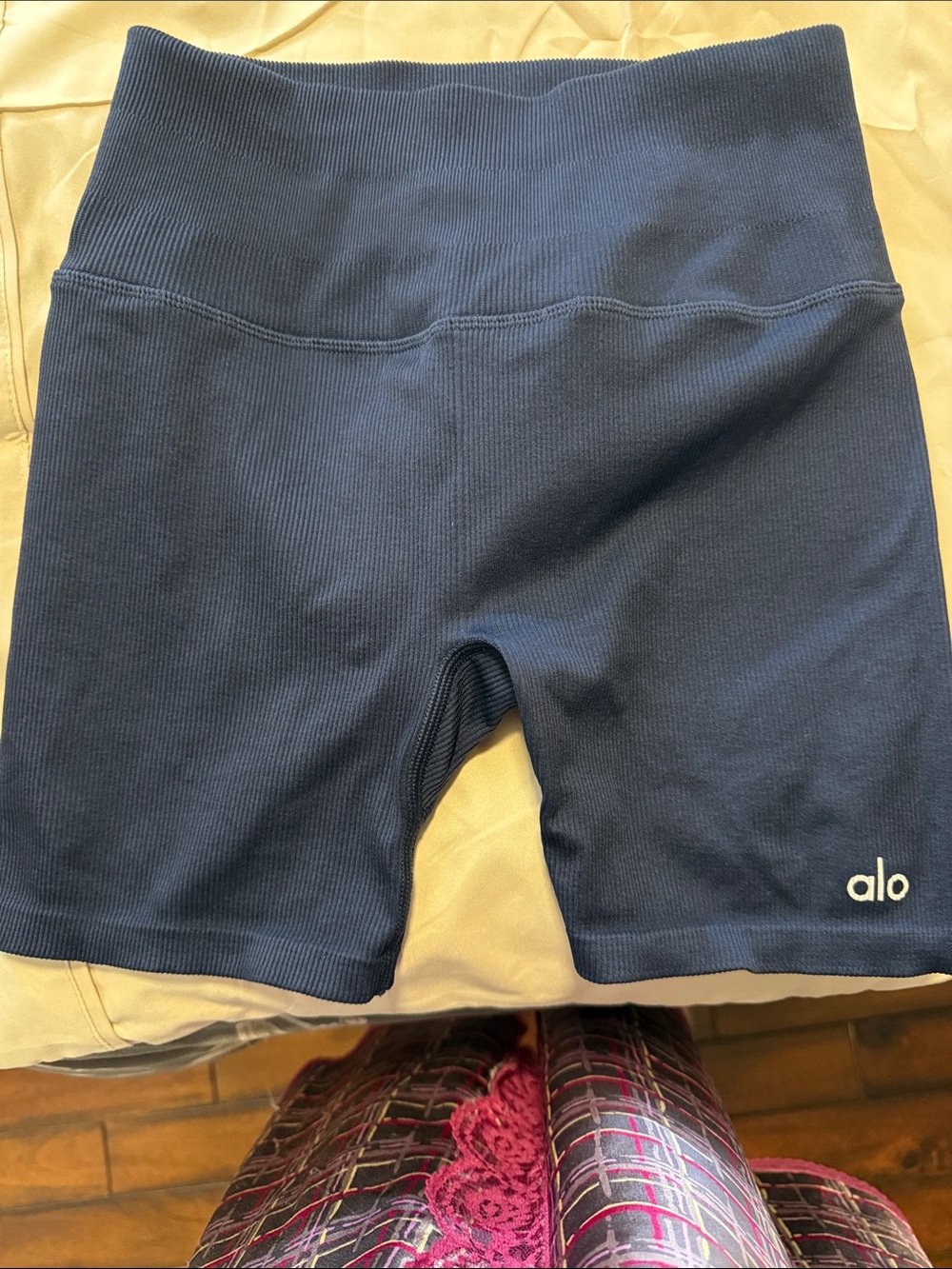 ALO Yoga Navy Ribbed High-Rise Bike Shorts with Small Logo